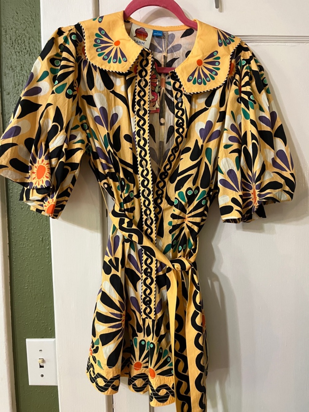 Anthropologie Yellow Floral Tie-Waist Mini Dress